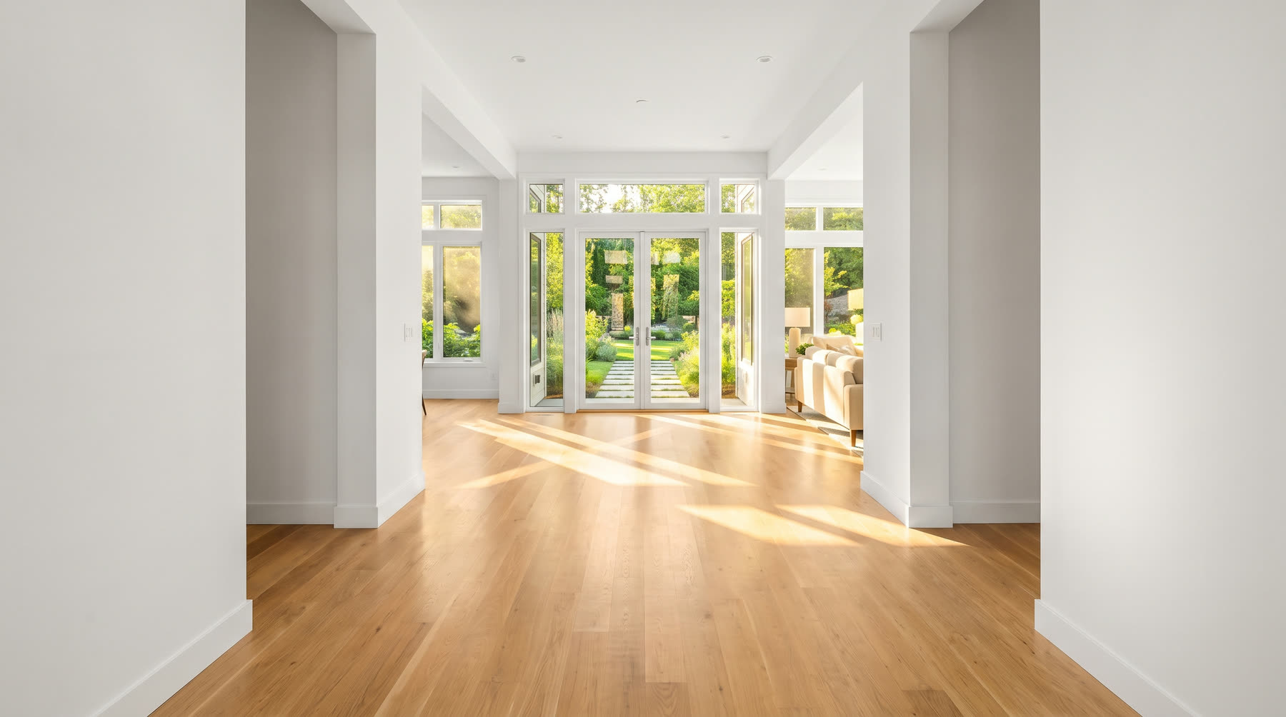 A bright hallway opening into a sunlit living space.