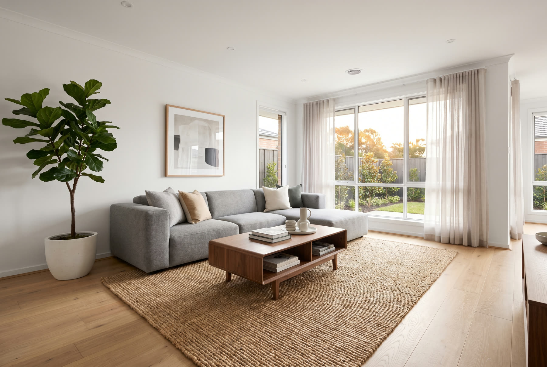 A staged living room with balanced exposure and straight vertical lines.